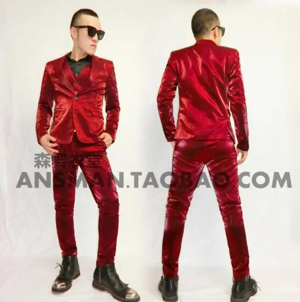 Men Magic Wine Red Silk Reflective Satin Suit Stage Singer Costume DJ Photo Studio Slim Fit
