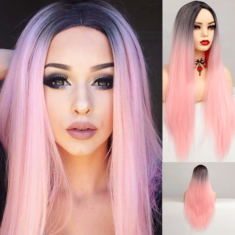 MANWEI Long Straight Wig Synthetic Middle Part Natural Hairline Highlight Black Brown Pink For Women Daily Cosplay Party