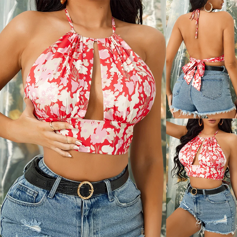

Sleeveless Cropped Vest Tops Halter Crop Tops Sleeveless Camisole Tank Tops Casual Summer Red-White Floral Printed Female