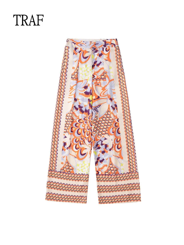 

TRAF Print Women Pants 2022 Fashion High Waist Wide Leg Pant Woman Vintage Loose Women Clothing Summer Long Trousers