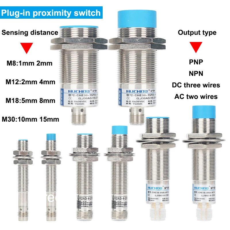 

M8 M12 M18 M30 Aviation Plug-In Proximity Switch Sensor 1mm-15mm Densing Distance DC Three-wire AC Two-wire PNP NPN NO NC