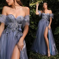puffy tulle blue a line prom dresses with removable sleeves appliques evening dresses sexy high split party gowns for wedding