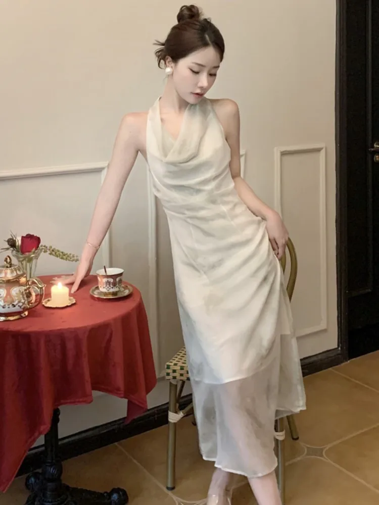 

Summer New Women Fashion Elegant Sleeveless Holiady Beach Dress Female Halter Party Vestdios Clothes