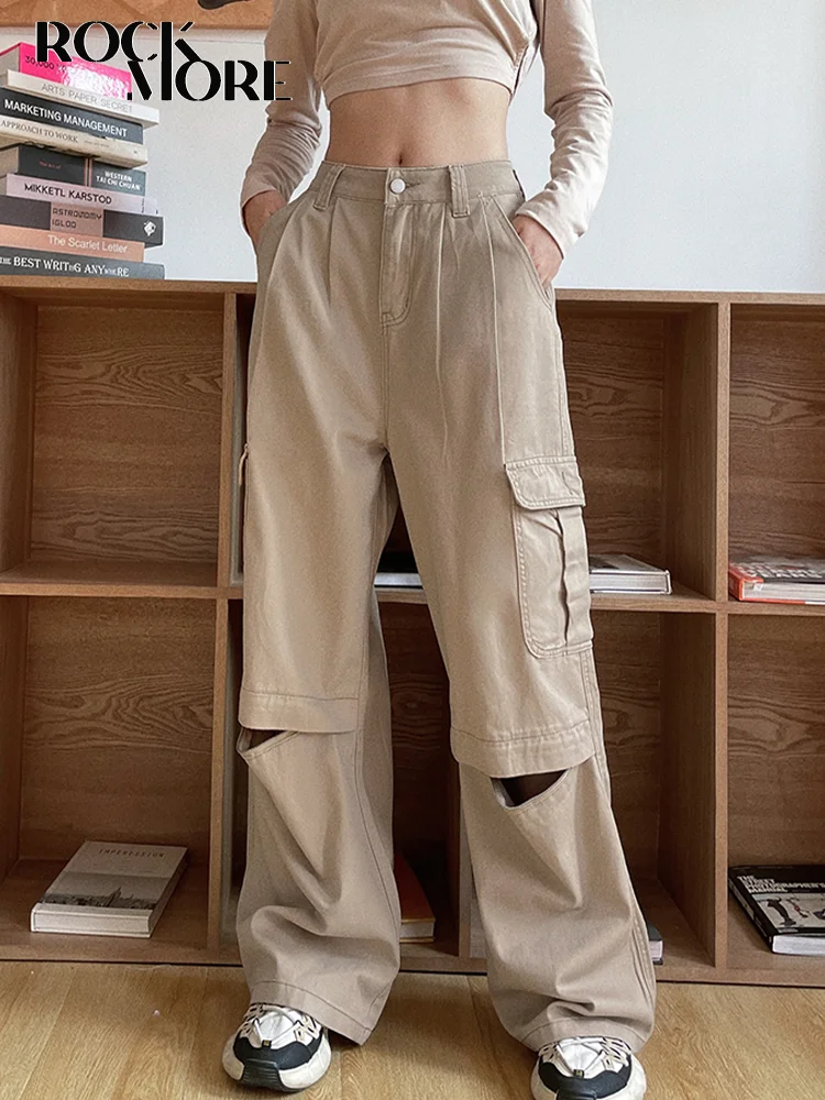 

Rockmore Streetwear Cargo Jeans Chic Pockets Women Retro Baggy Denim Pants Loose Hollow Wide Leg Trousers Y2K Low Waist Bottoms