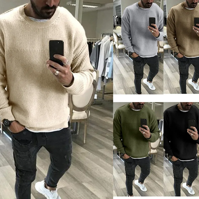 

Men Sweater Spring Autumn Solid Color Loose Knitted Sweater Men Vintage Long Sleeve O-Neck Pullover Sweater Streetwear Sweater