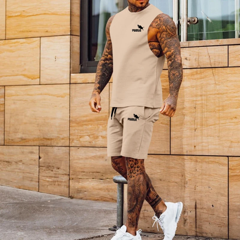 Summer Cool Quick-Drying Clothes Fashion Casual Sleeveless Vest + Sports Fitness Shorts Two-Piece Set