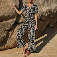 casual holiday jumpsuit ladies summer tie short sleeve straight leg rompers sexy v neck leopard print high waist women jumpsuits