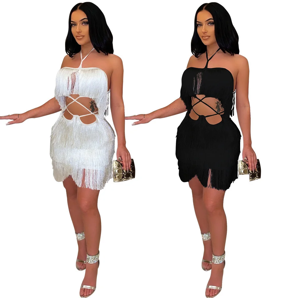

K100592022 nightclub strap tassel Hip Wrap Skirt Strapless backless dress women