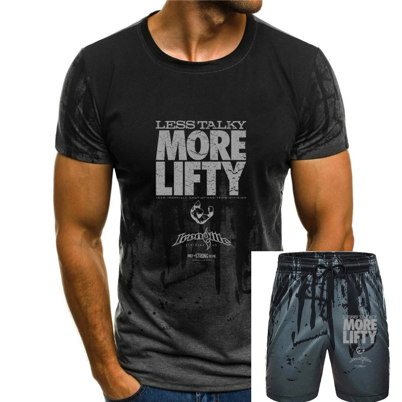 

Short Sleeve 100% Cotton Man Tee Tops Ironville Less Talky More Lifty Weightlifting T-shirt