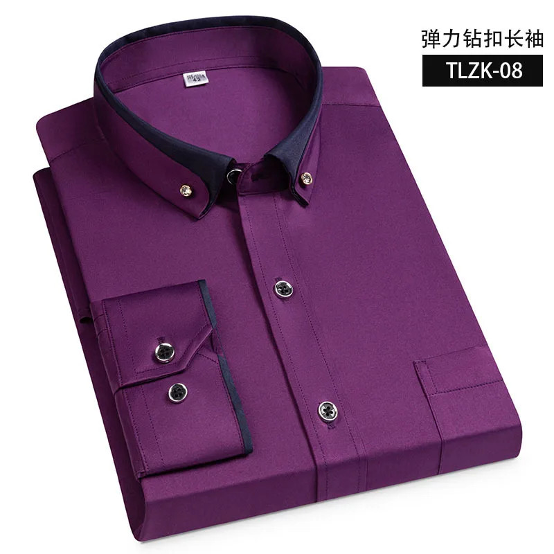 2022 new large size drill buckle elastic anti-wrinkle long-sleeved men's business casual four seasons shirt |