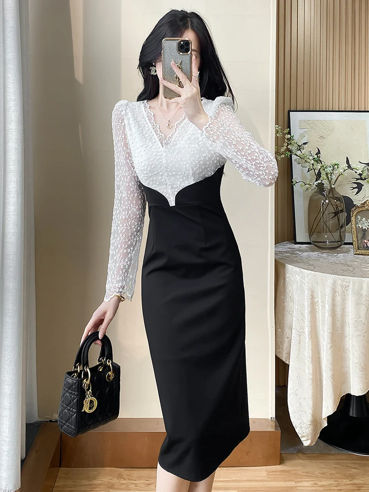 Кружевное платье новинка 2024 женская осенняя юбка с длинными рукавами и v-образным