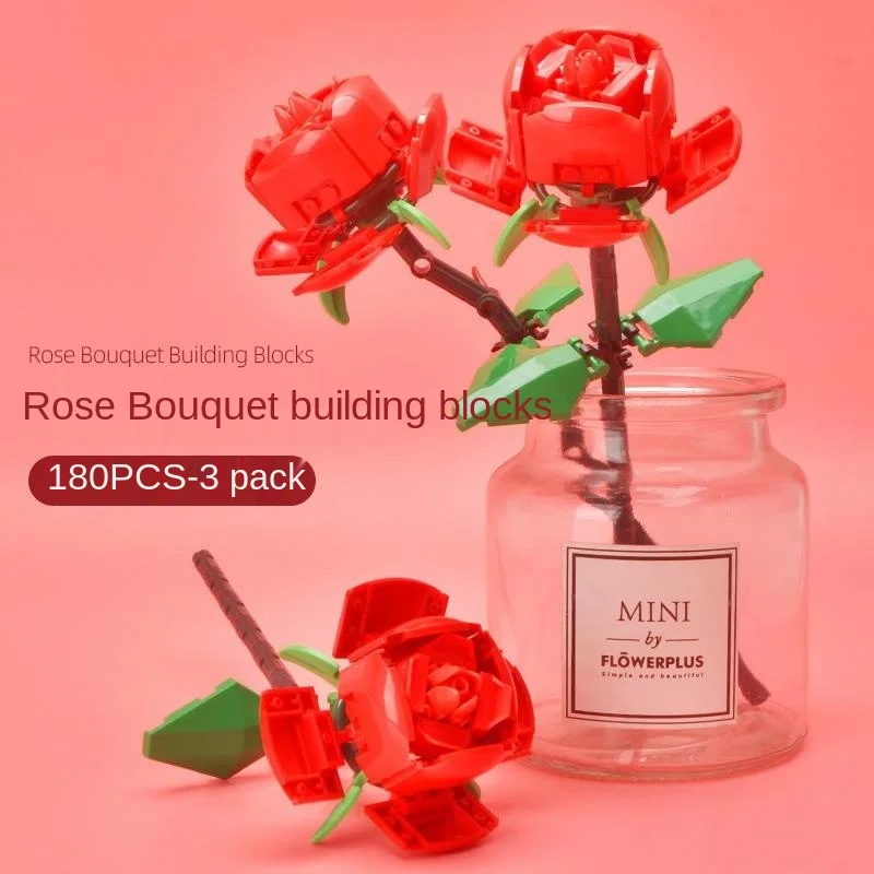 

New 3 Bouquet Roses Valentine's Day Fight Inserting Building Block Toys Creative Girl Building Block Toys Teacher's Day Gift