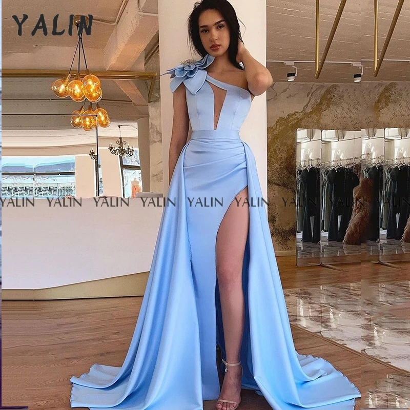 

YALIN One Shoulder Evening Dress Satin Simple A-Line Prom Grown Sweep Train Slit Sexy Backless Blue bespoke occasion dresses
