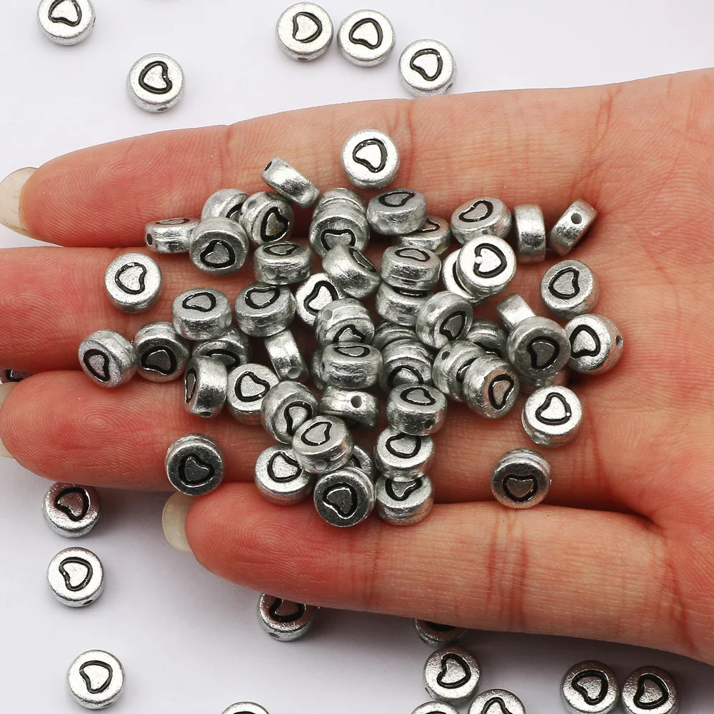 

4x7mm 100pcs Silver Round Love Heart Acrylic Beads Loose Beads For Jewelry Making DIY Chains Earrings Bracelet Necklace Supplies