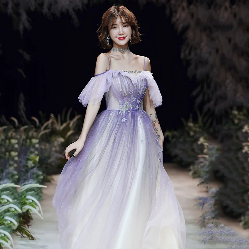

14247# IENA Elegant Purple Puffy Tulle Star Moon Appliques Ruffles Sleeve Prom Gown Evening Dresses Quinceanera Cocktail Dress