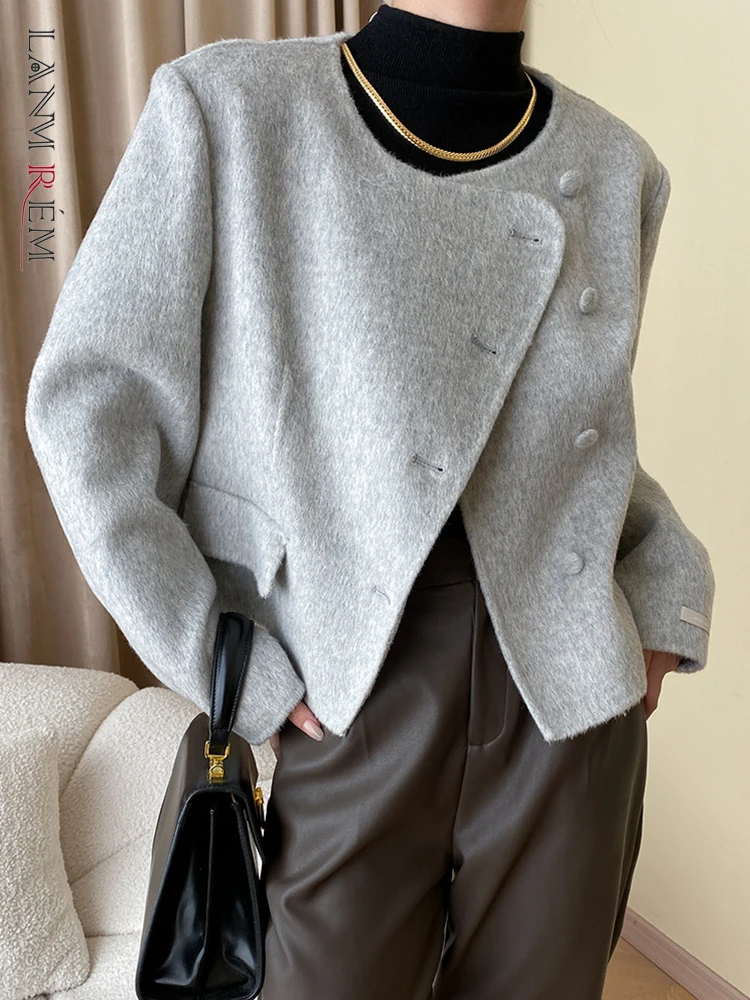 

LANMREM, корейский стиль, шерстяные короткие куртки для женщин, круглый вырез, асимметричное однобортное пальто, мода 2023, зима, новинка 2AA3072