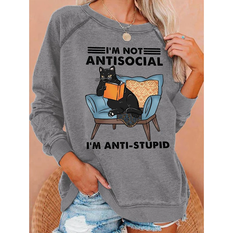 

Rheaclot I'm Not Antisocial I'm Anti-Stupid Printing Women's Causal Cotton Long Sleeve SweatShirt