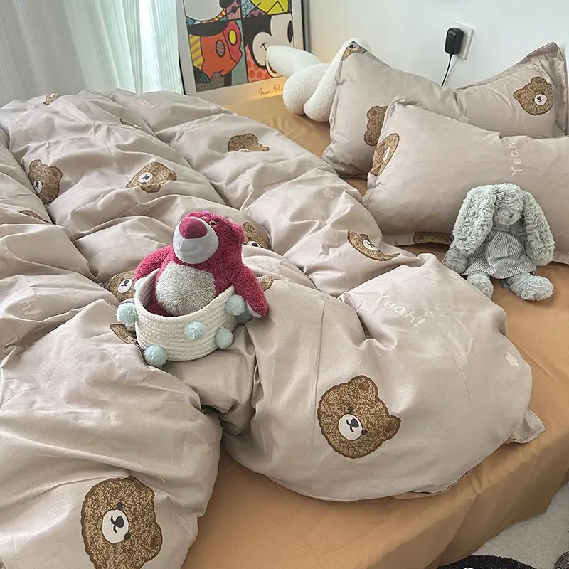 

Комплект постельного белья с изображением медведя, милое мультяшное без наполнителя, двойное Полноразмерное пододеяльник, простыня, наволочка, модное постельное белье для девочек и мальчиков