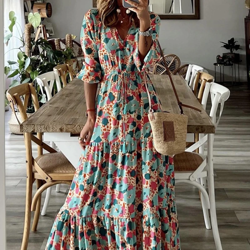 

ZITY Fashion Chic V Neck Summer Maxi Dress Loose Casual Ruffle A-Line Dress Elegant Floral Printed Women Half Sleeve Dresses