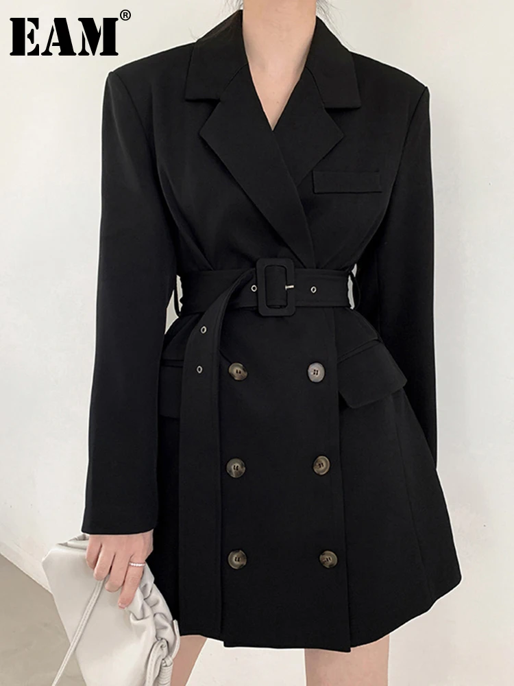

[EAM] Women Black Double Breasted Temperament Dress New Lapel Long Sleeve Loose Fit Fashion Tide Spring Autumn 2022 1DB315