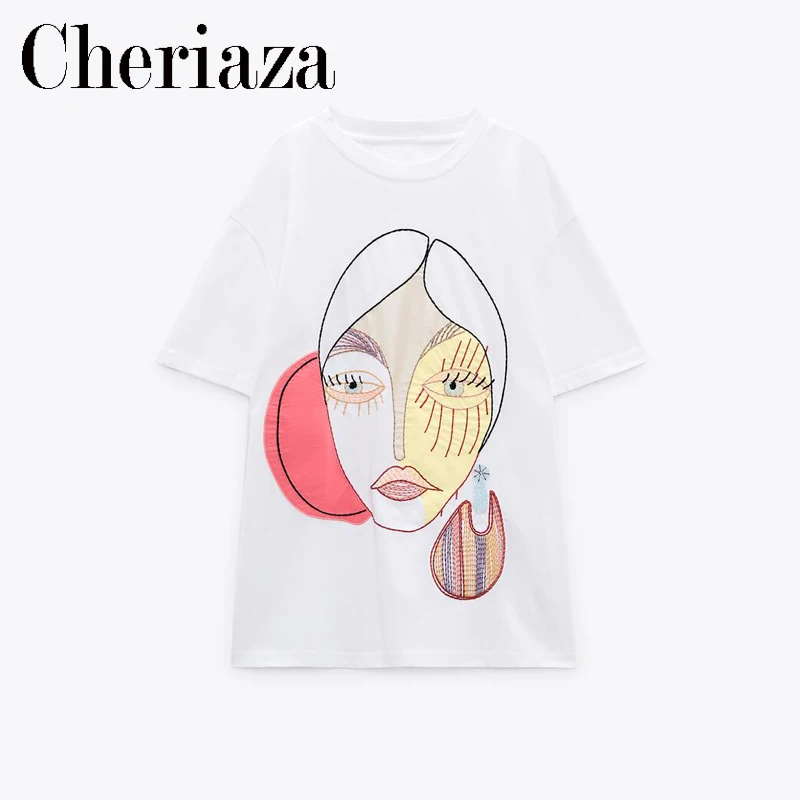 

Spring Summer New 2022 Women's Front Girl Pattern Embroidered White T-shirt Casual Chic Crew Neck Short Sleeve Female Top