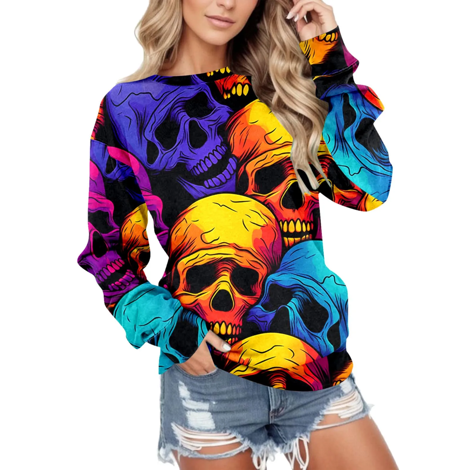 

Womens Halloween Print Crewneck Sweatshirt Casual Long Sleeve Sweatshirt Pullover Fit Hoodies Tops Half Hoodies Women