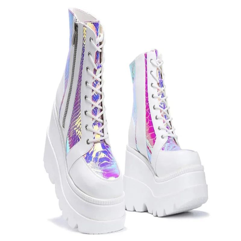 2022 Brand Ladies Fashion Punk Chain Platform Ankle Boots Cross Tied Zip Wedges High Heels Women Goth Street Shoes Woman | Обувь