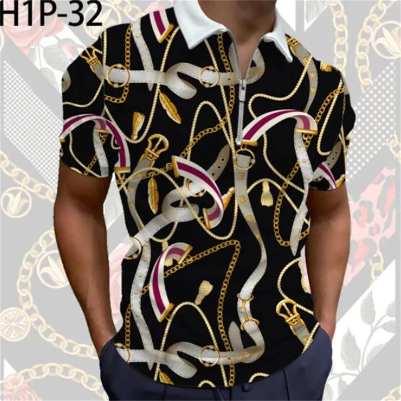 

High Quality Summer Men Tees Polo Shirts Striped Casual Short Sleeve Mens Shirts Turn-Down Collar Zipper Patchwork Polo Shirt