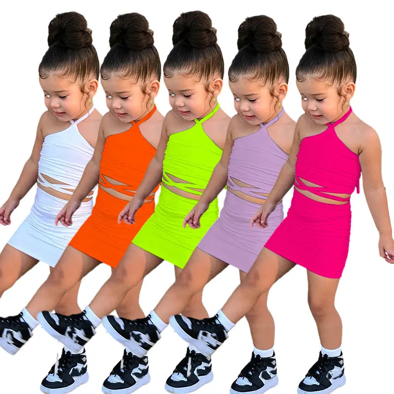 

1-8Years Summer Girls Clothes 2pcs/set Hanging Neck Strap Tops+Skirt Dress Party Fashion Toddler Baby Kids Clothing Suits Child