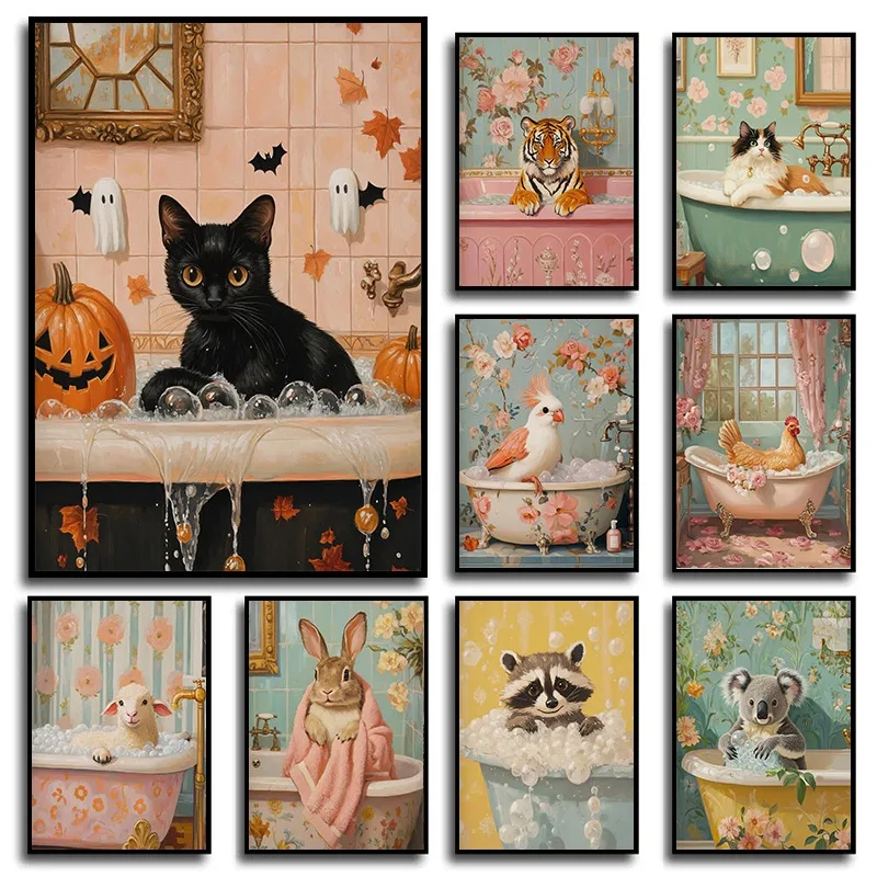 Купание животных на винтажной ванне панда какаду овцы постеры и принты печать