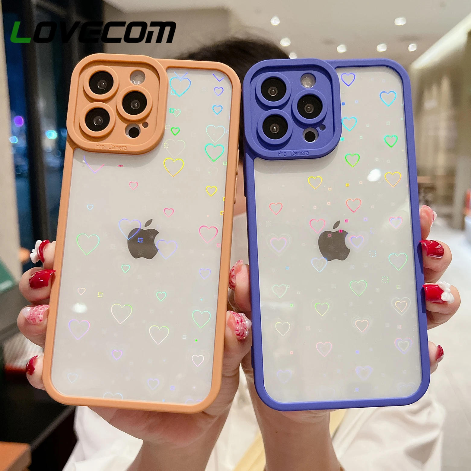 

Laser Holographic Phone Case With Hearts For iPhone 13 12 11 Pro Max XS Max X XR Camera Protection Crystal Clear Soft Back Cover