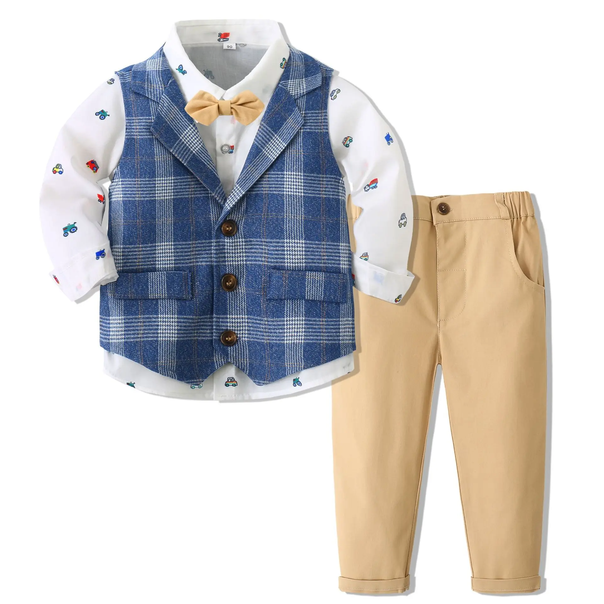 

1 2 3 4 5 Boys Luxury Boutique Set Spring Autumn Long Sleeve Birthday Outfit Plaid Vest with Car Printed Shirt Kid Daily Clothes