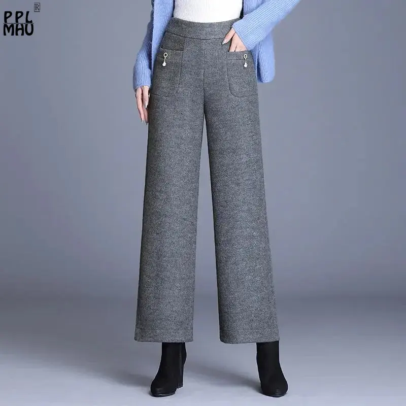 Women's Pendent Chic High Waist​ Pants Spring Loose Classic Straight Trousers Oversized 5XL Woolen Ankle-Length Wide Leg Pants