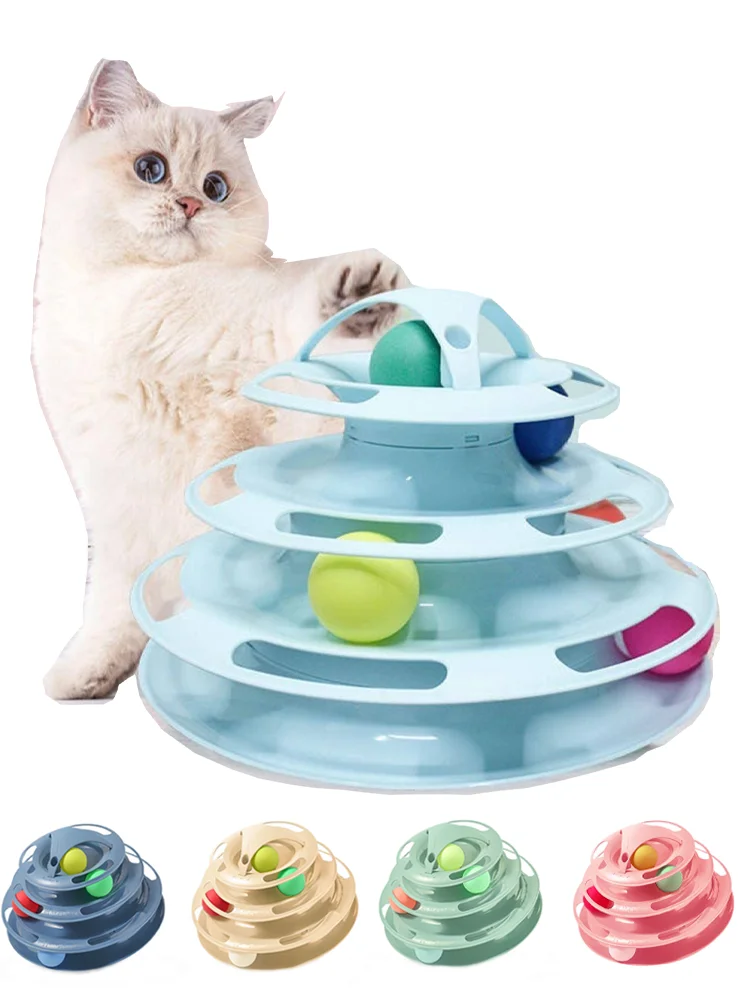 4 Levels turnable Toys for cats accessories Tower Tracks with balls cat toy Interactive Intelligence Training with fun cat stick