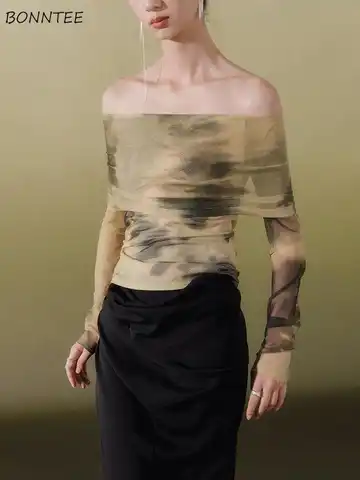 Blouses Women Tie Dye Chic Design Vintage Slash Neck Thin Slim New Summer Office Lady Sexy Soft Breathable Chinese Style Temper