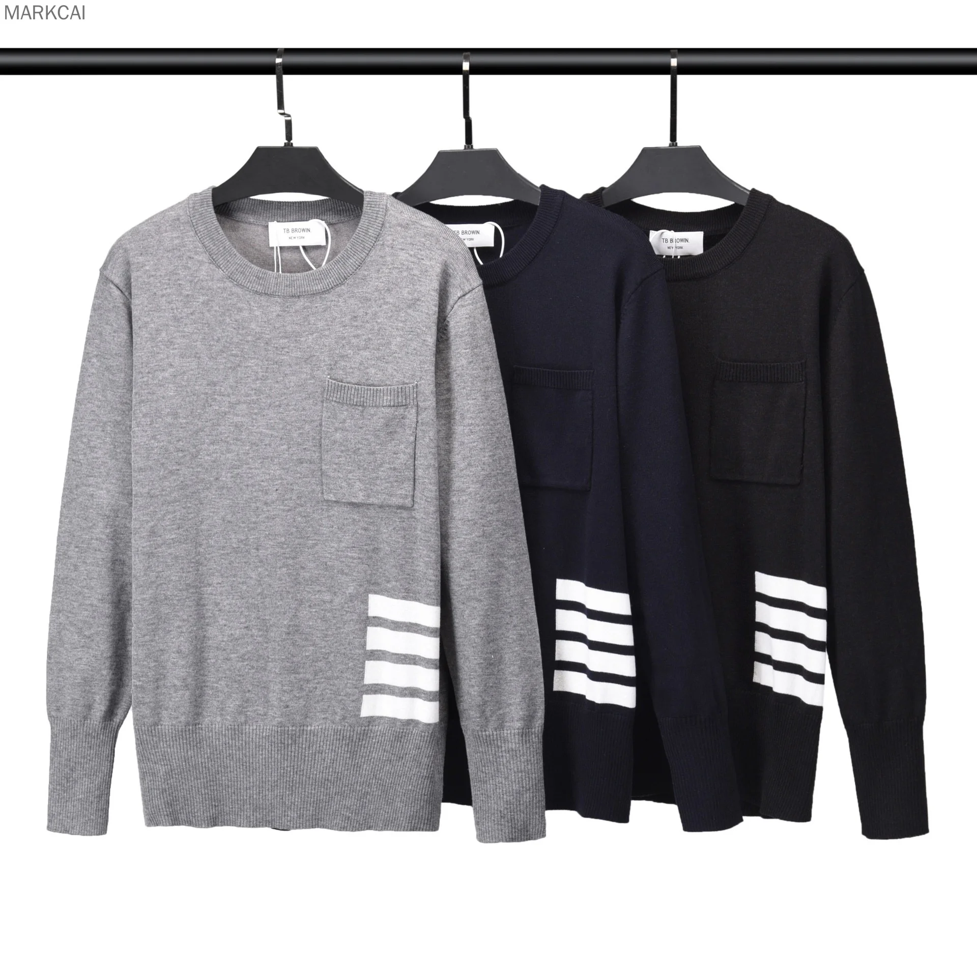 Autumn Men Sweater Long Sleeve Pullover Casual Knitted O-Neck Korean Style TB Striped Small Pocket High Quality