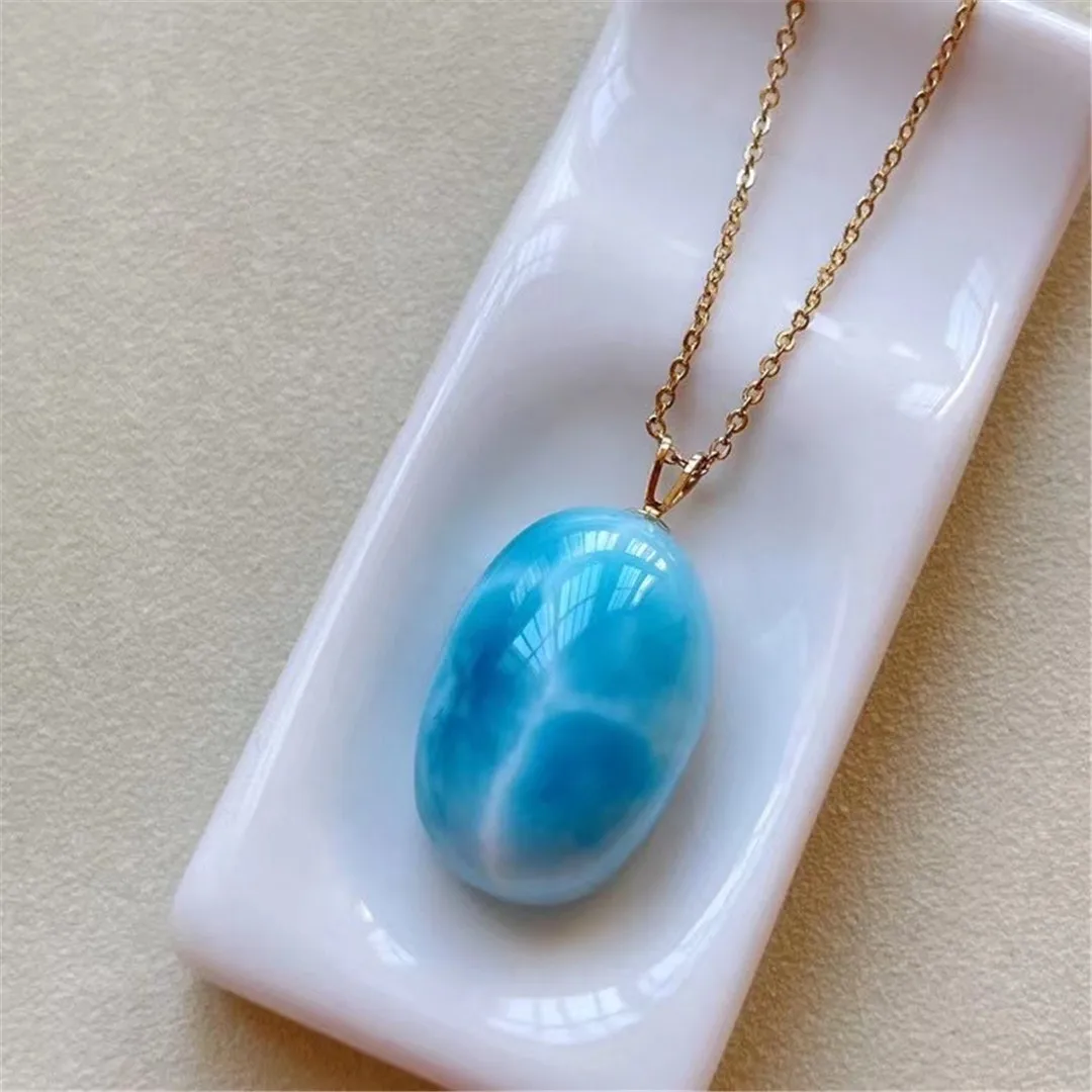 

Natural Larimar Pendant Jewelry 18K Gold Women Men Wealth Gift Blue Crystal 24x16x11mm Beads Dominica Water Pattern Stone AAAAA