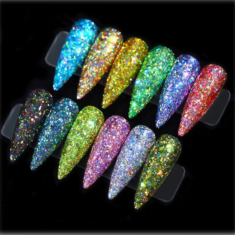 

NEW IN parlak tırnak tozu Mix boyutu Sequins akrilik çivi için 12 adet holografik tırnak Glitter pul toz Nail Art dekorasyon