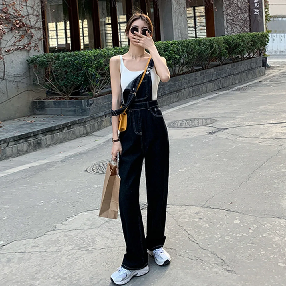 

2022 Summer Korean Streetwear Women's Denim Overalls Blue Straight Wide Leg Jumpsuits High Waist Autumn Popular Jumpsuits Woman