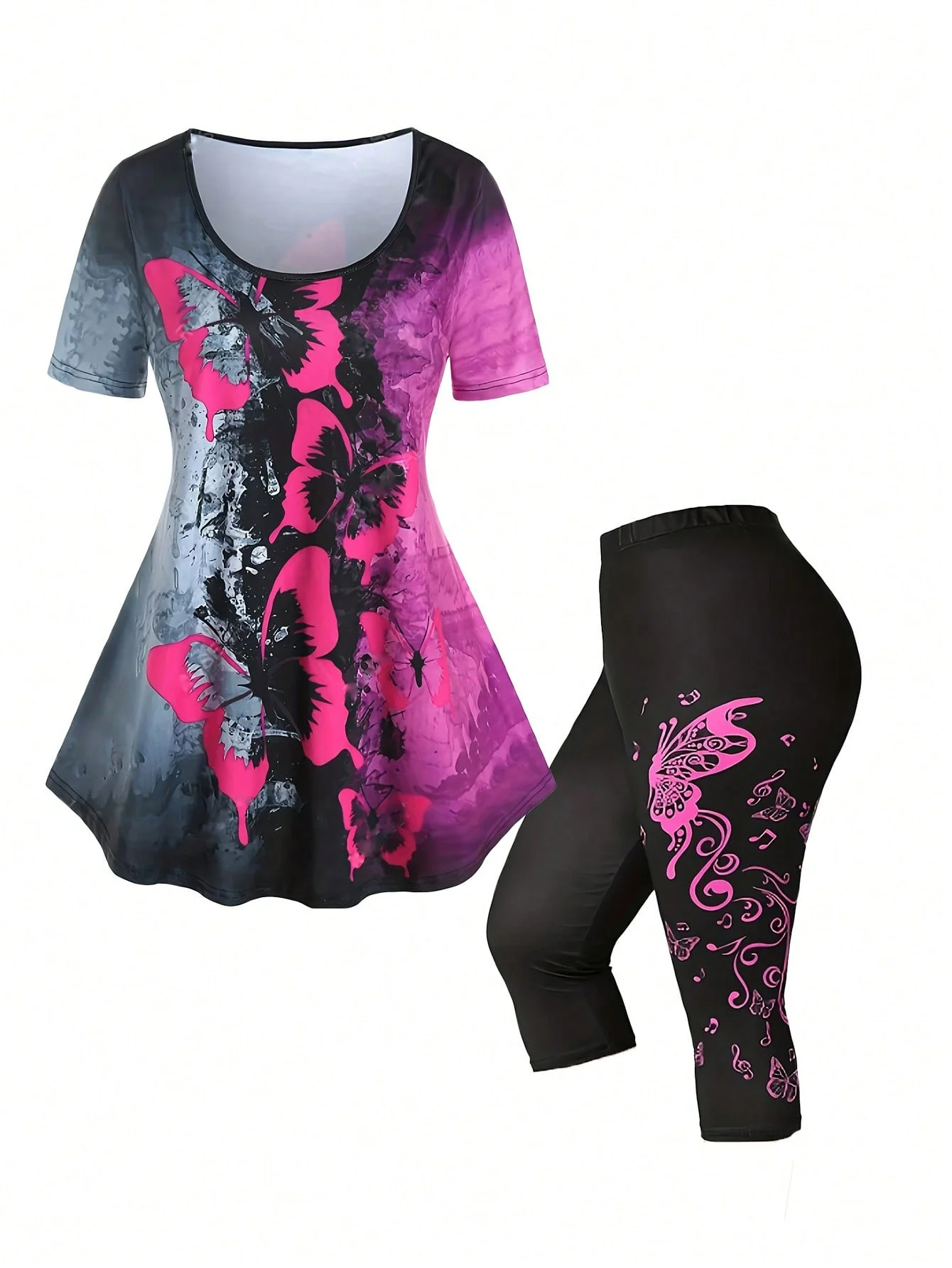 Plus Size Женский комплект из двух предметов с топом-бабочкой принтом короткими