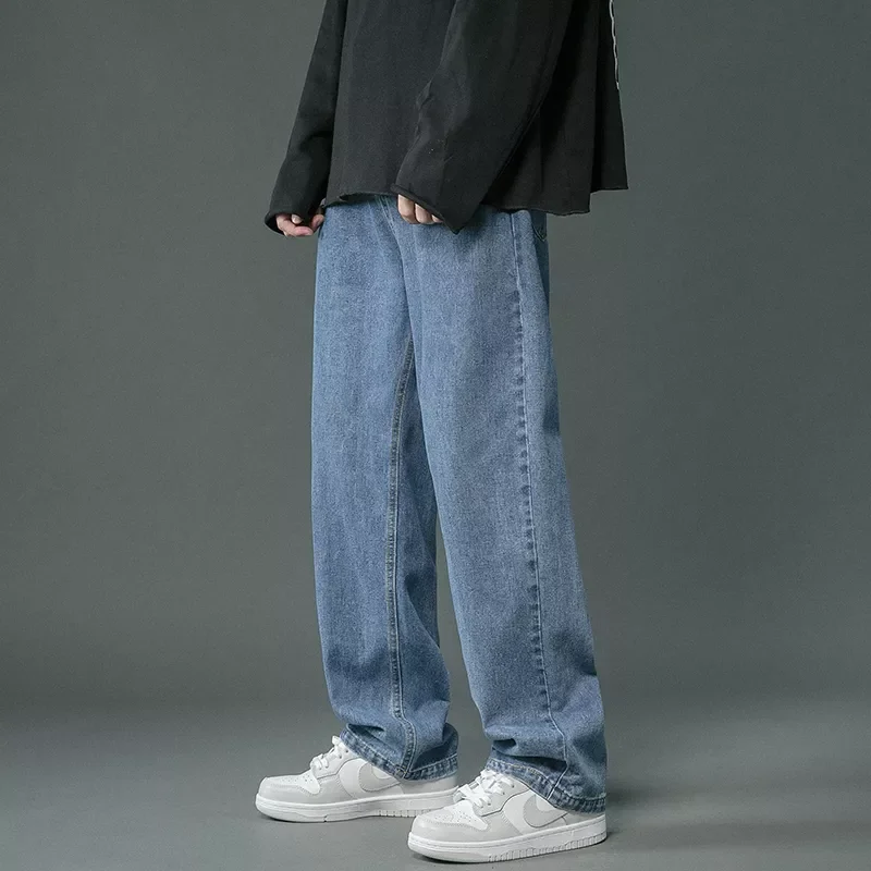 2022New Simple Solid Mopping Trousers Jeans Men Korean Style Fashion High Street Loose Casual Jean Pants Gray/White/Dark blue