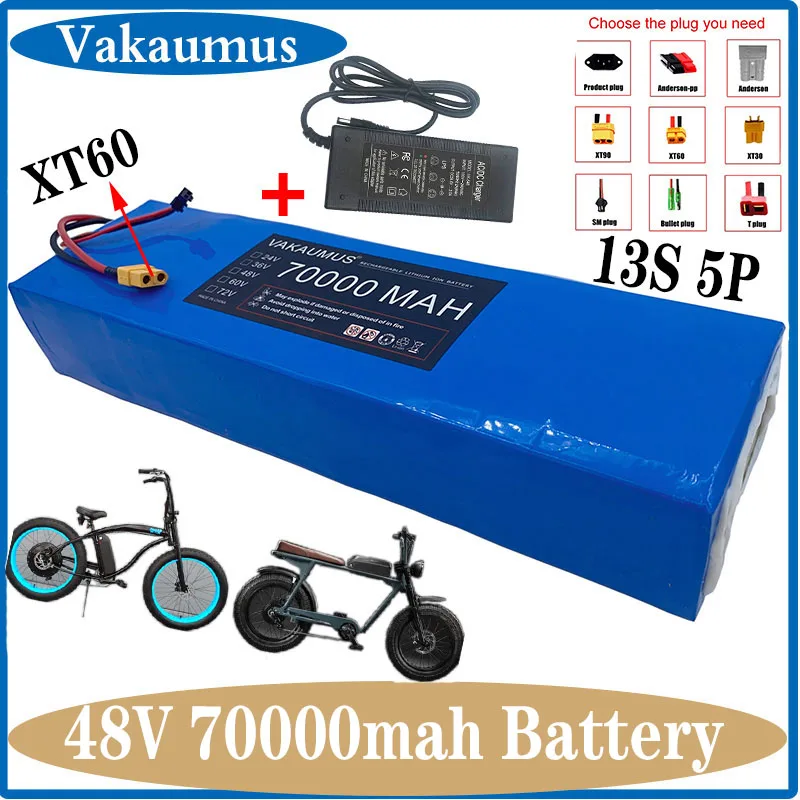 Electric Bike Battery 48V 70Ah 18650 Li-ION Battery Pack 13S5P Bike Conversion Kit Bafang 1000W AND 54.6V 2A Charger + XT60 Plug