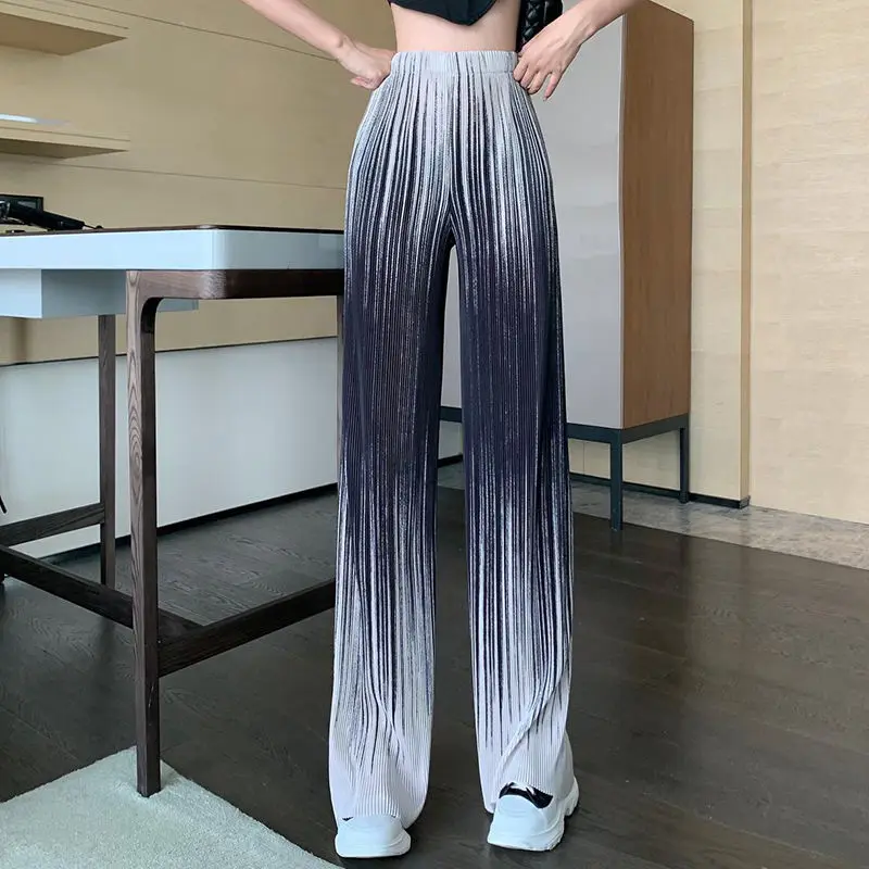 

Women 2022 Spring Summer Pleated Wide Leg Pants Female High Waist Printed Tie Dye Loose Fit Streetwear Long Casual Trousers M54