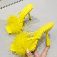 liyke summer fashion yellow fluffy furry women slippers mules high heels slides female gladiator sandals party banquet shoes