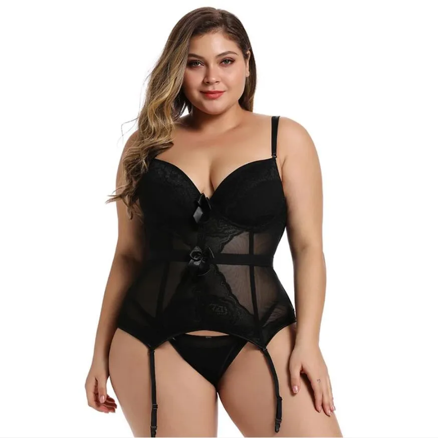 

Plus Size Corset Adjustable Straps Sexy Lingerie Women Underwear Transparent Lace Bra Corset Padded Bustier With Suspenders