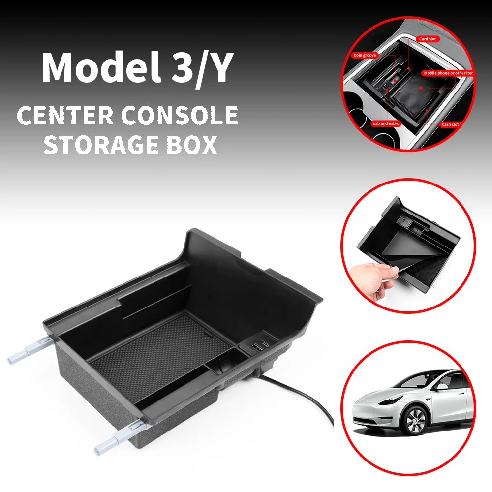 

Car Central Armrest Storage Box For Tesla Model 3 / Y 2021 Accessories Center Console Flocking Organizer Containers Car Interior