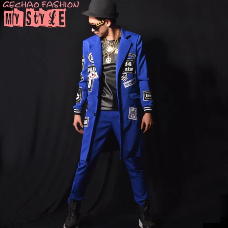 Nightclub suits mens blazers male singer blue cloth patch stitching big-name bar costume accessories
