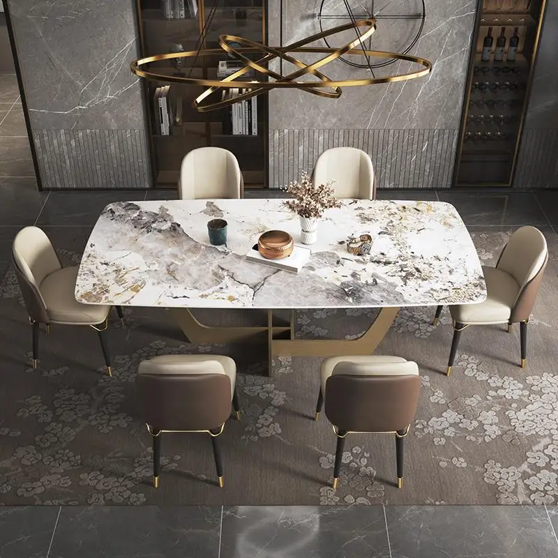 

Light luxury rock slab dining table and chairs combination living room Scandinavian modern minimalist rectangular dining table