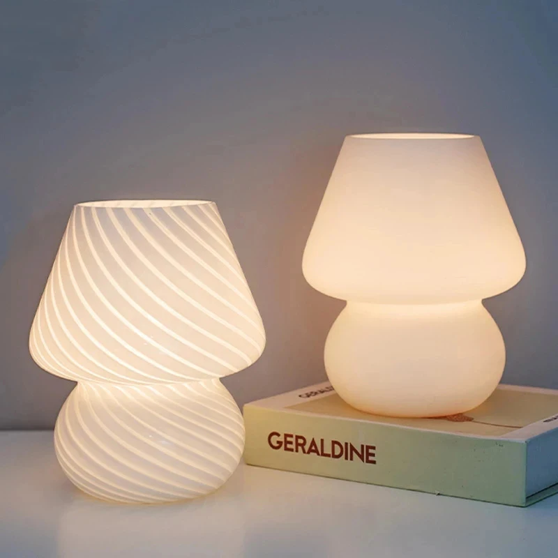 

Glass LED Desk Lamp For Bedroom Bedside Korean Ins Style Striped Mushroom Table Decor Cute Translucent Ring