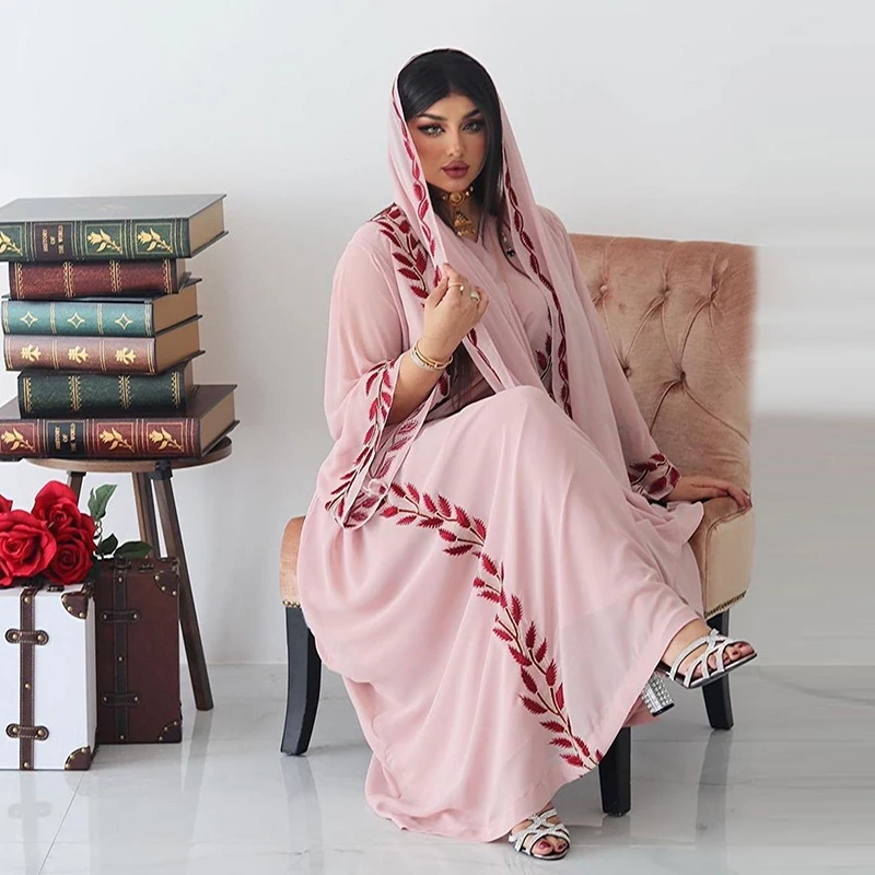 Chiffon Summer Embroidery Abaya Dubai Turkey Muslim Dress Woman Hijab 2022 Pink Saudi Arabian Islam Arabic Eid Mubarak New Abaya
